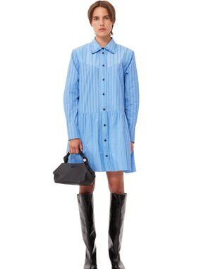GANNI Recut Pinstripe Collared Mini Dress 32 Lake Blue + Maroon